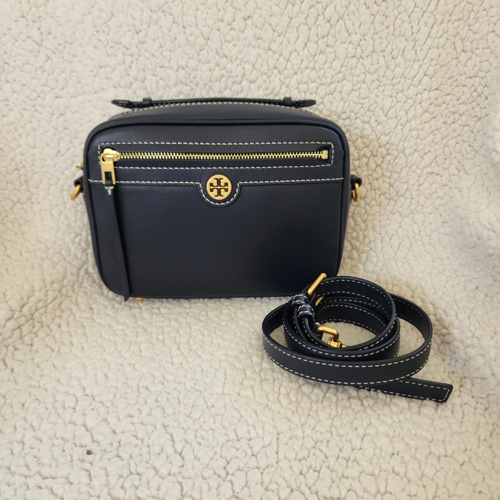 Tory Burch Navy Blue Crossbody Bag with Gold Accents